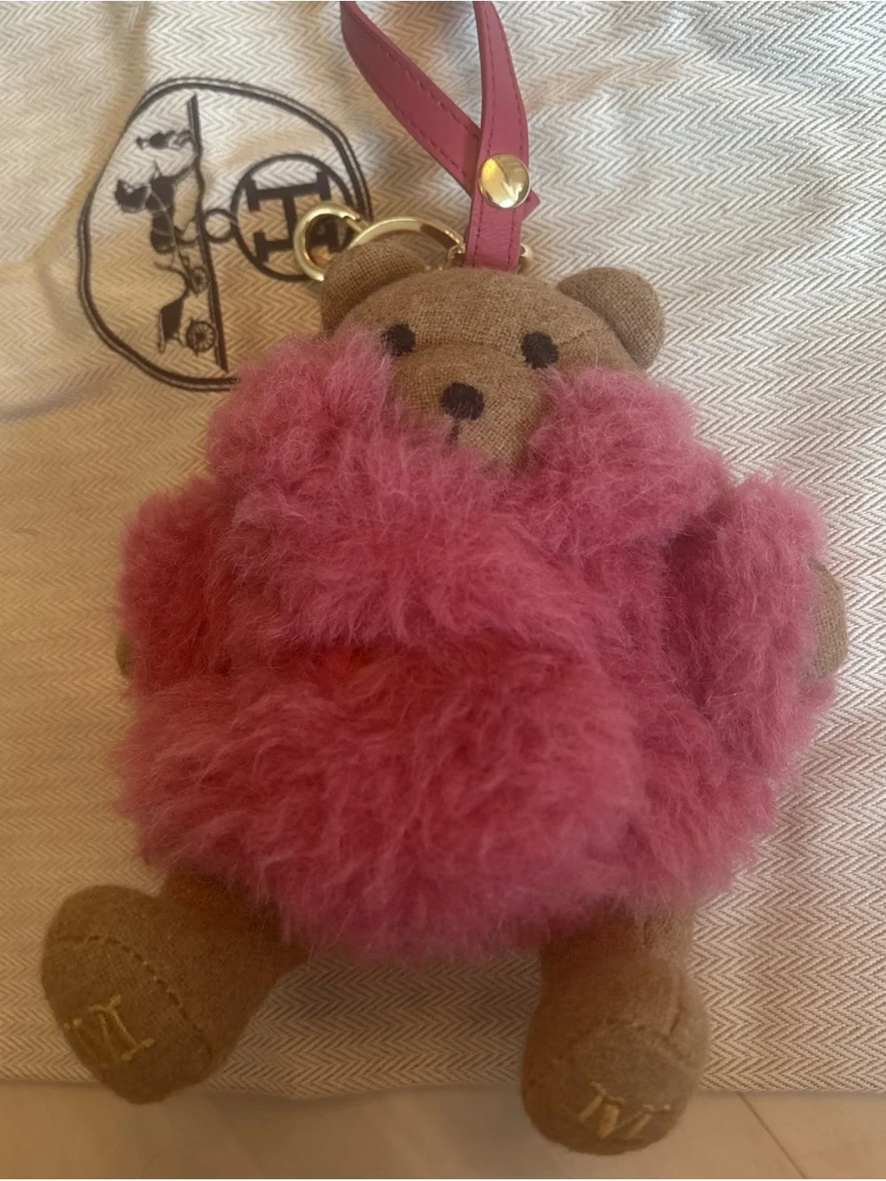 MaxMara Brown Bear Bag Charm with Pink Wool Fur Coat and Gold Hardware